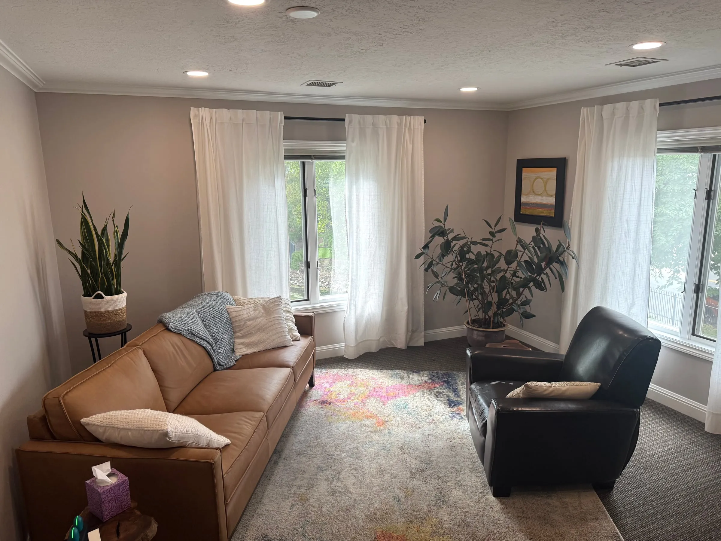 Cassie’s office in Provo: a tan leather couch, a black armchair, a colorful rug, plants, and big windows